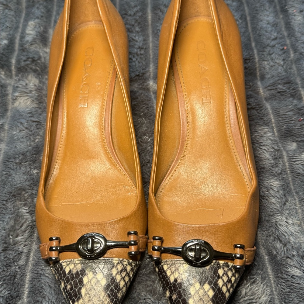 Coach Tan Leather Pointed Toe Heels with Snakeskin Cap